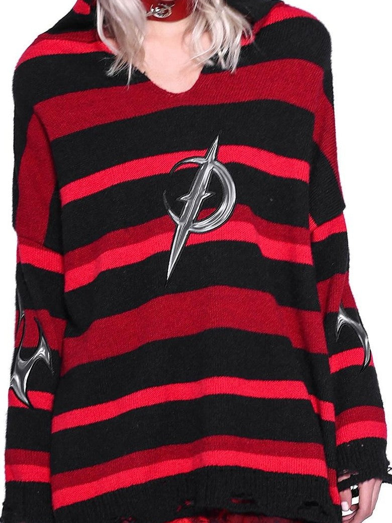 PINKSPINK Red Black Striped Embroidered Distressed Hood V-neck Women's Acrylic Sweaters
