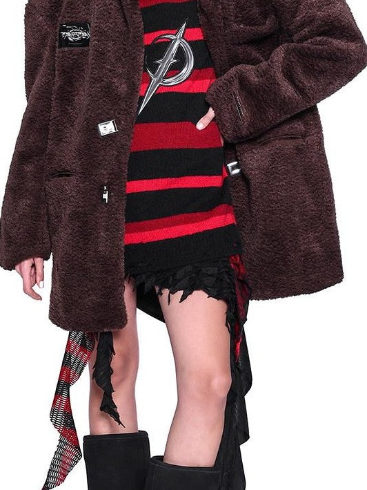 PINKSPINK Red Black Striped Embroidered Distressed Hood V-neck Women's Acrylic Sweaters