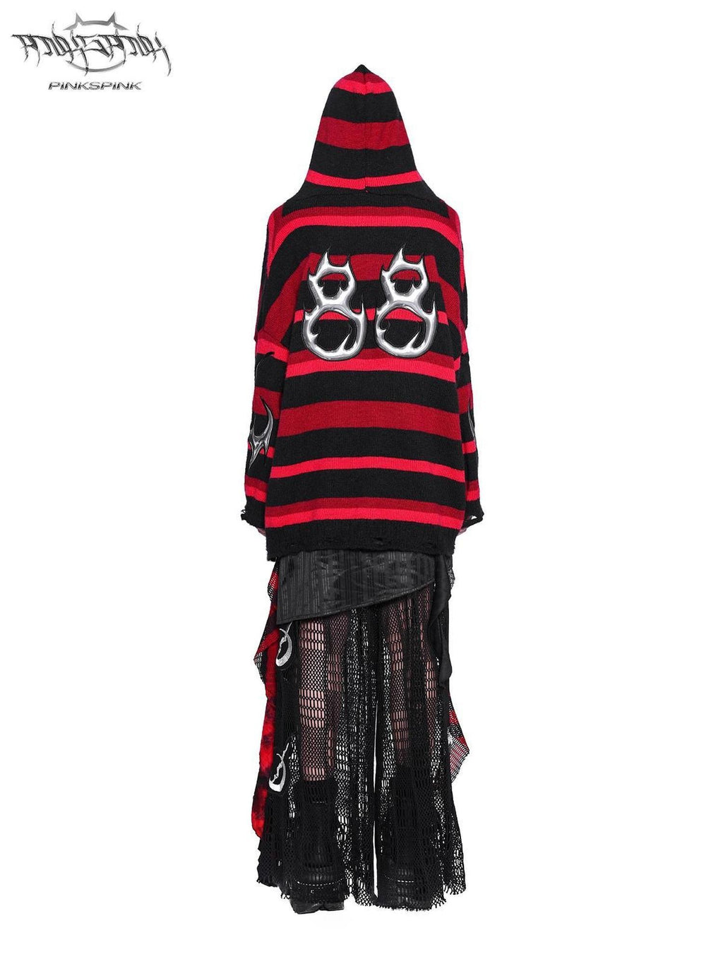 PINKSPINK Red Black Striped Embroidered Distressed Hood V-neck Women's Acrylic Sweaters