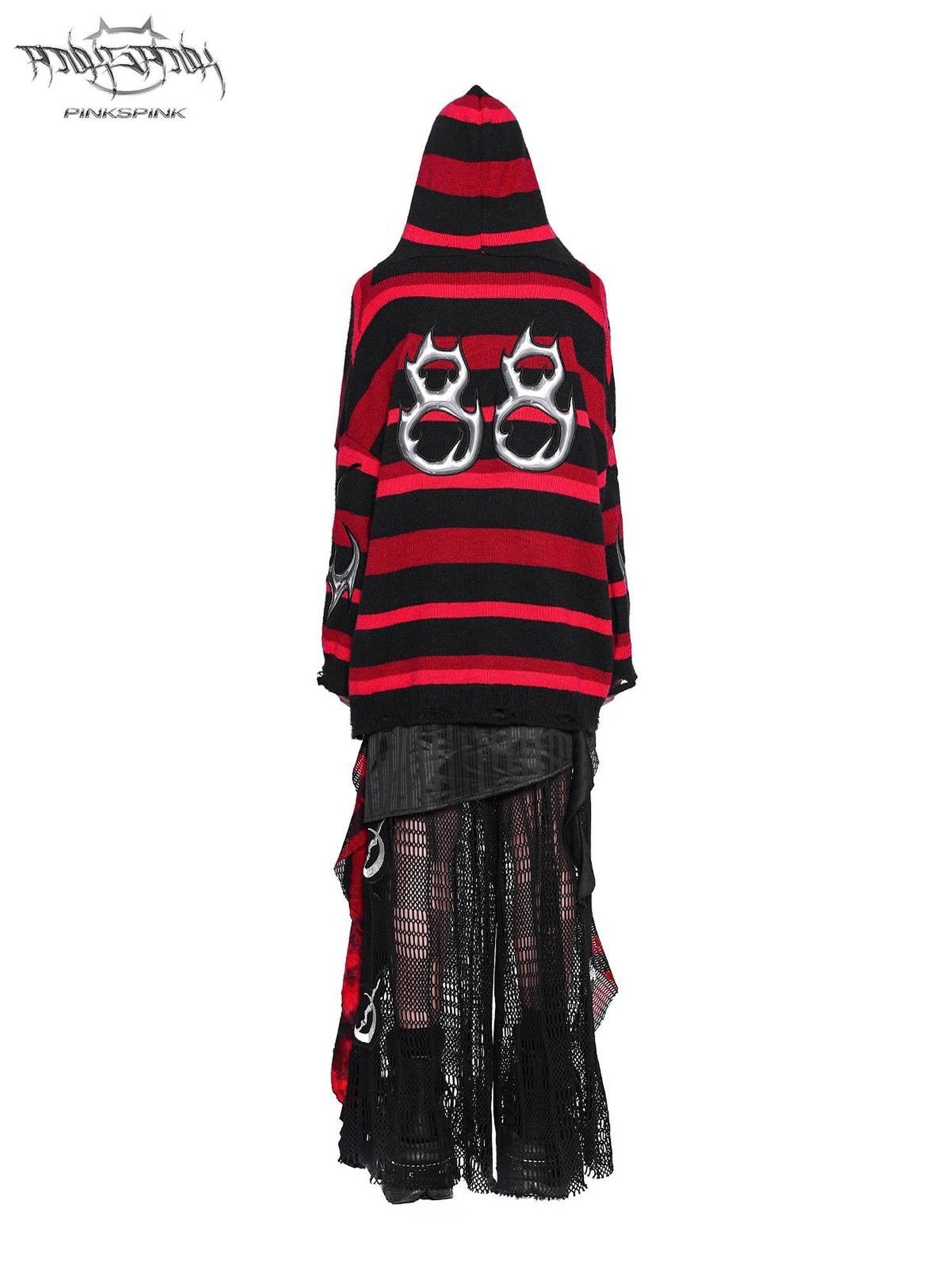 PINKSPINK Red Black Striped Embroidered Distressed Hood V-neck Women's Acrylic Sweaters