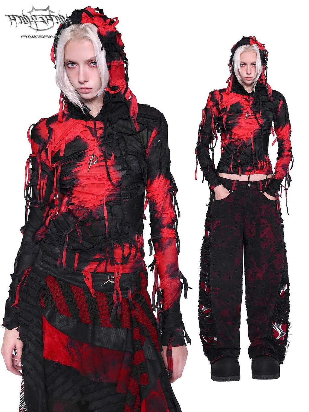 PINKSPINK Red Black Tie Dye Distressed Hooded Slim Fit Y2k Women's Long Sleeve T-shirts