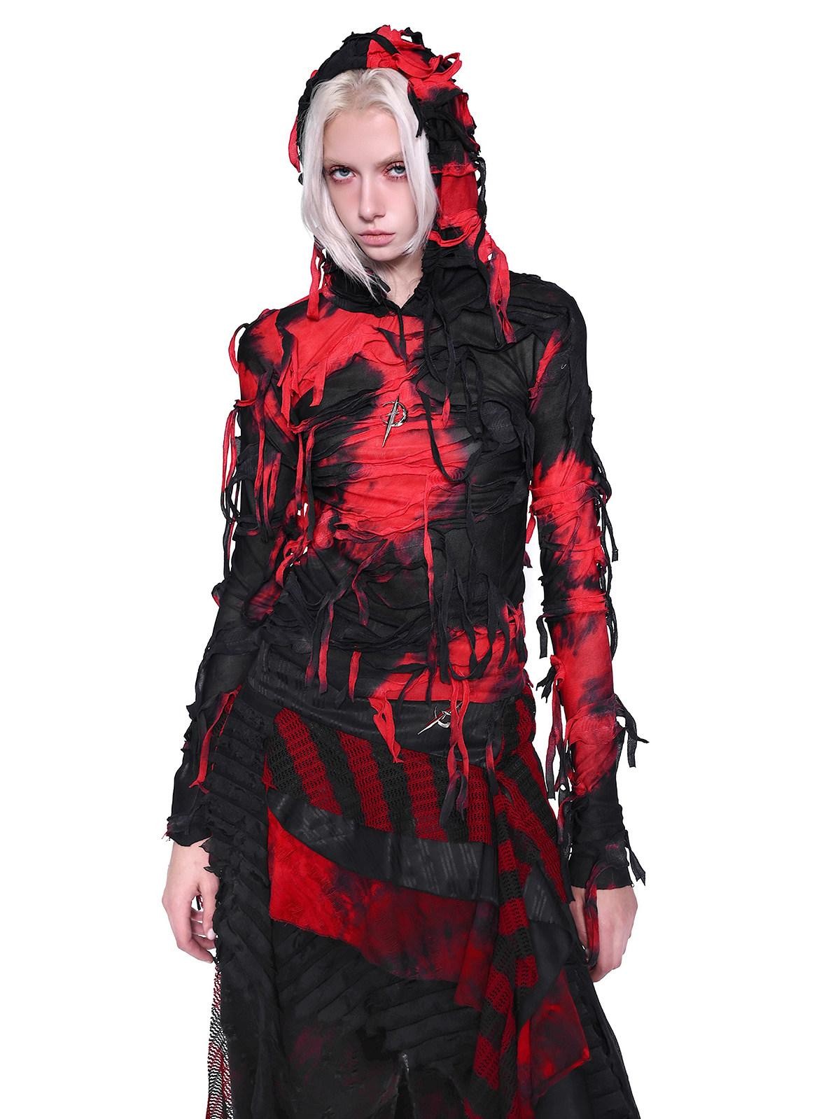 PINKSPINK Red Black Tie Dye Distressed Hooded Slim Fit Y2k Women's Long Sleeve T-shirts
