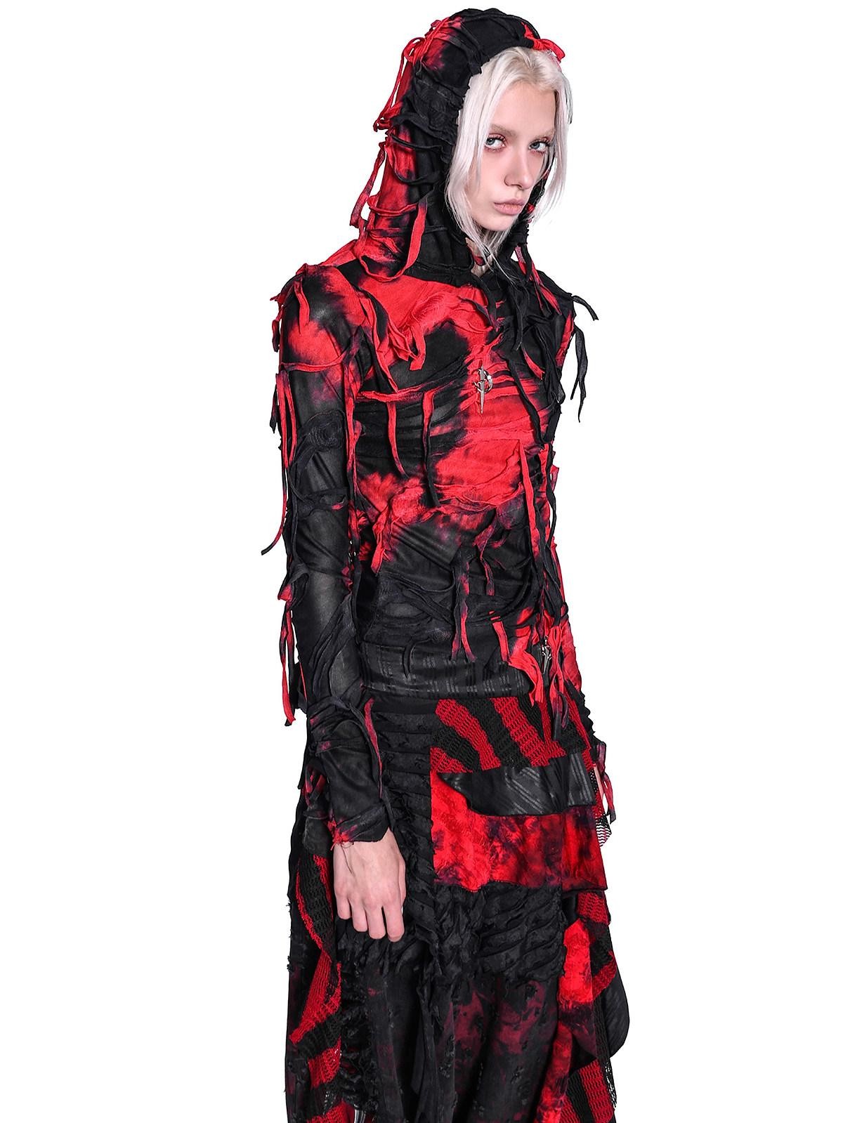 PINKSPINK Red Black Tie Dye Distressed Hooded Slim Fit Y2k Women's Long Sleeve T-shirts