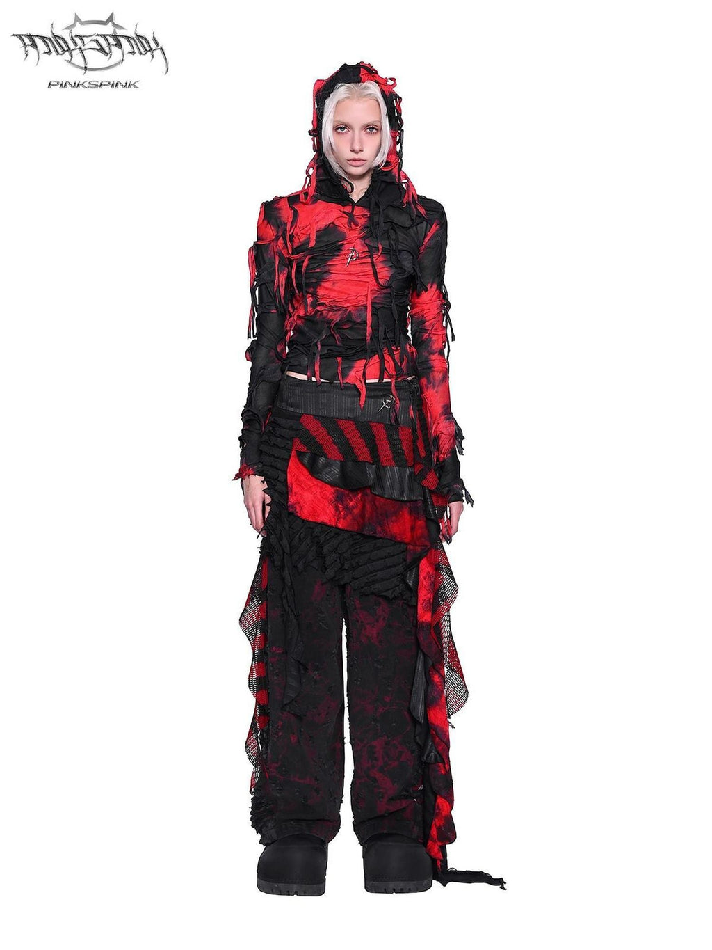 PINKSPINK Red Black Tie Dye Distressed Hooded Slim Fit Y2k Women's Long Sleeve T-shirts