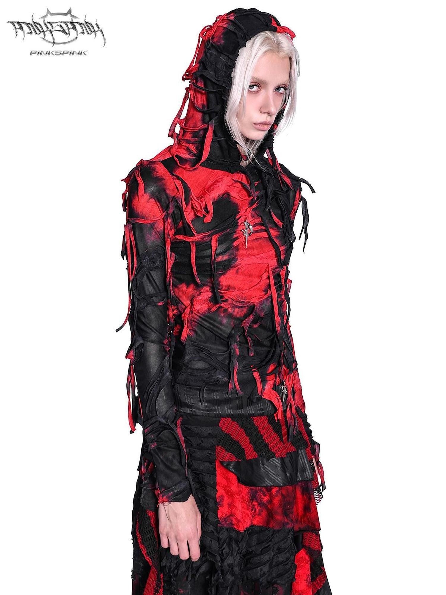 PINKSPINK Red Black Tie Dye Distressed Hooded Slim Fit Y2k Women's Long Sleeve T-shirts