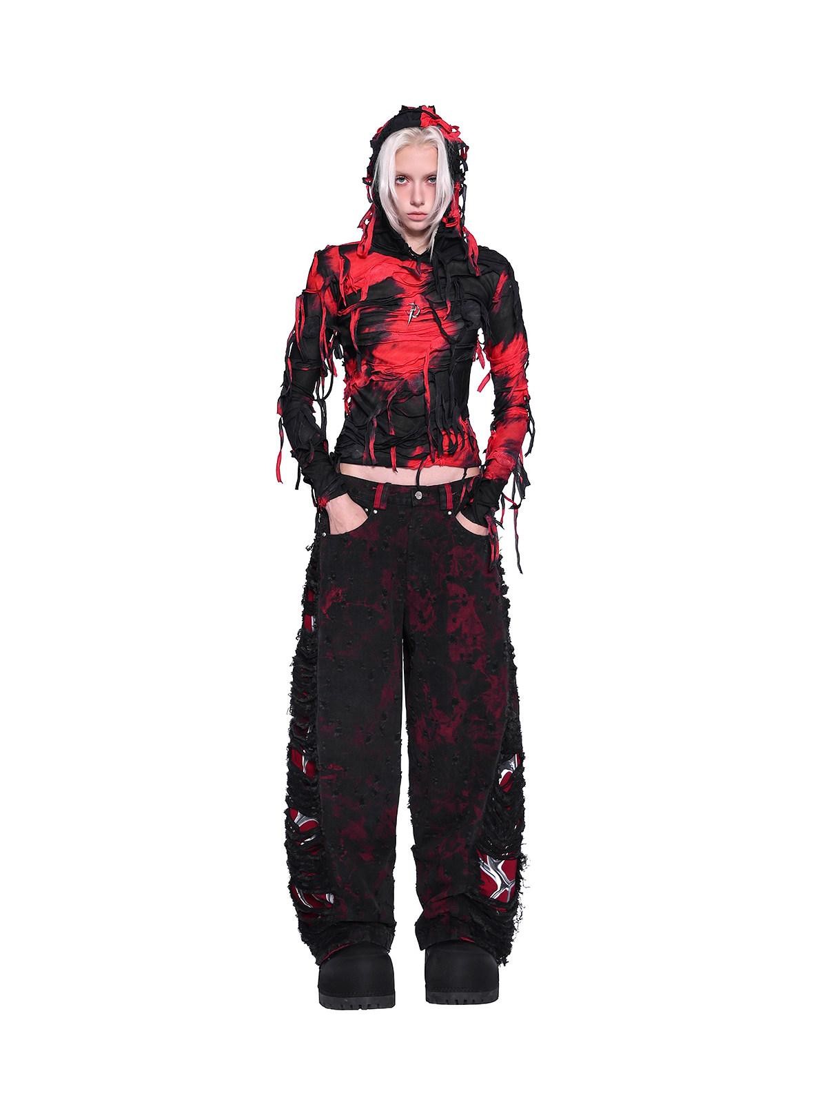 PINKSPINK Red Black Tie Dye Distressed Hooded Slim Fit Y2k Women's Long Sleeve T-shirts