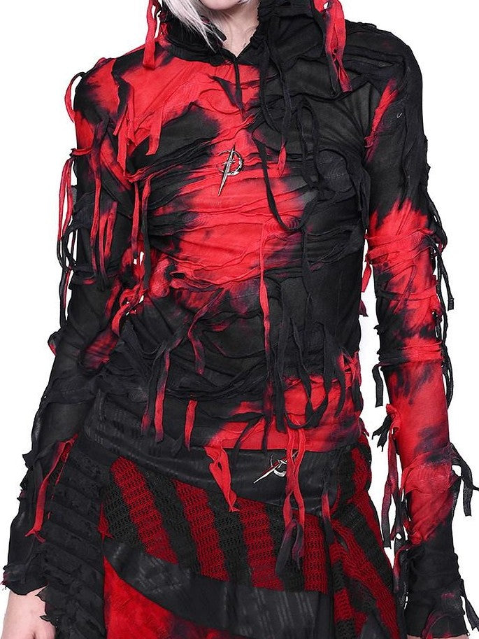 PINKSPINK Red Black Tie Dye Ripped Mummy Hooded Slim Women's Long Sleeve T-shirts