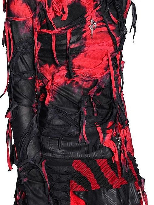PINKSPINK Red Black Tie Dye Ripped Mummy Hooded Slim Women's Long Sleeve T-shirts