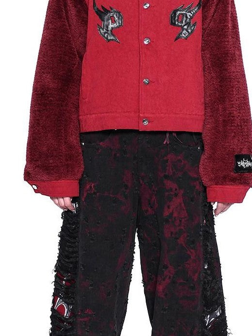 PINKSPINK Red Black Tie Dye Ripped Mummy Hooded Slim Women's Long Sleeve T-shirts