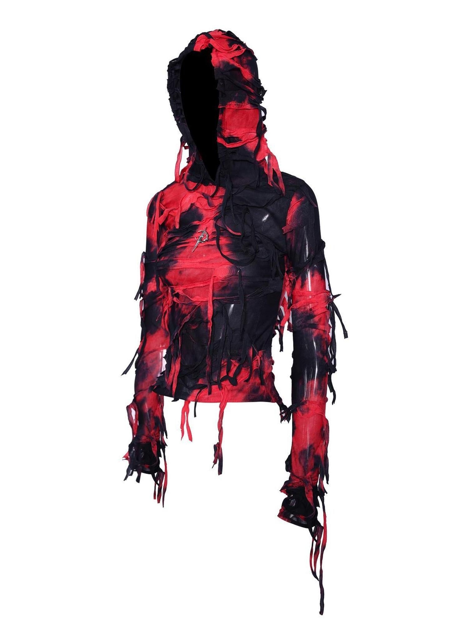 PINKSPINK Red Black Tie Dye Ripped Mummy Hooded Slim Women's Long Sleeve T-shirts