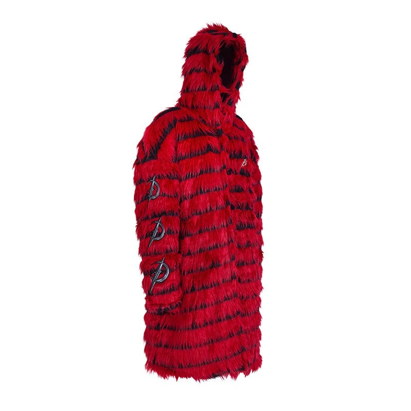 PINKSPINK_Red_Black_Two_Tone_Oversized_Fringe_Hooded_Women's_Faux_Fur_Long_Coats_861266834225_MISSTT