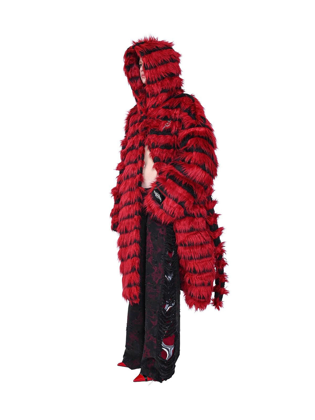 PINKSPINK Red Black Two Tone Oversized Fringe Hooded Women's Faux Fur Long Coats