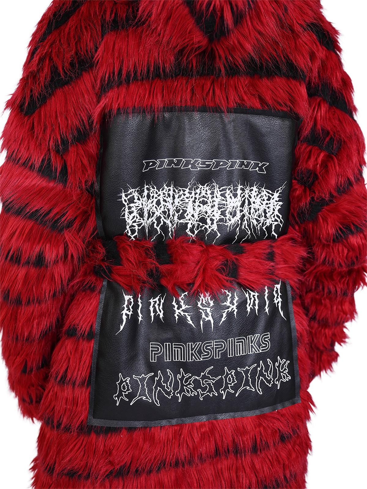 PINKSPINK Red Black Two Tone Oversized Fringe Hooded Women's Faux Fur Long Coats