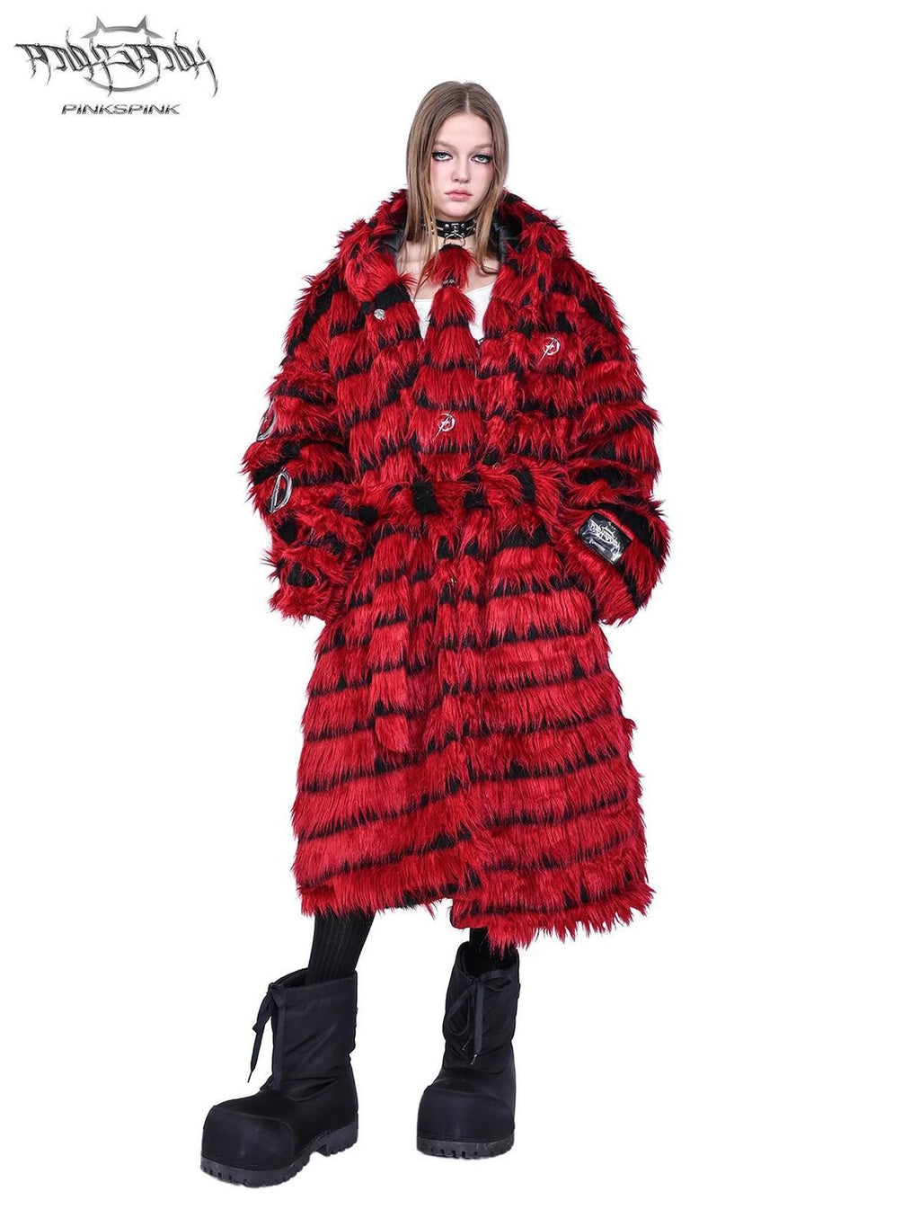 PINKSPINK Red Black Two Tone Oversized Fringe Hooded Women's Faux Fur Long Coats