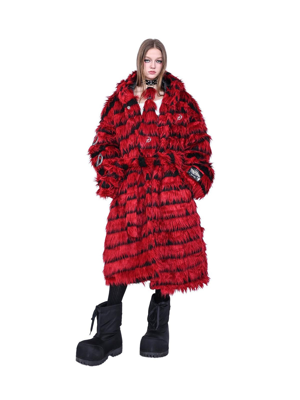 PINKSPINK Red Black Two Tone Oversized Fringe Hooded Women's Faux Fur Long Coats