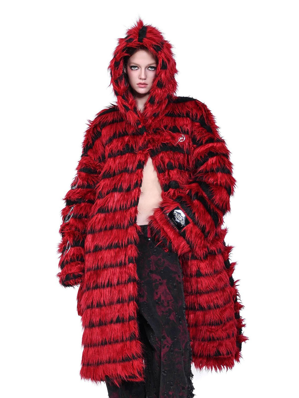 PINKSPINK Red Black Two Tone Oversized Fringe Hooded Women's Faux Fur Long Coats