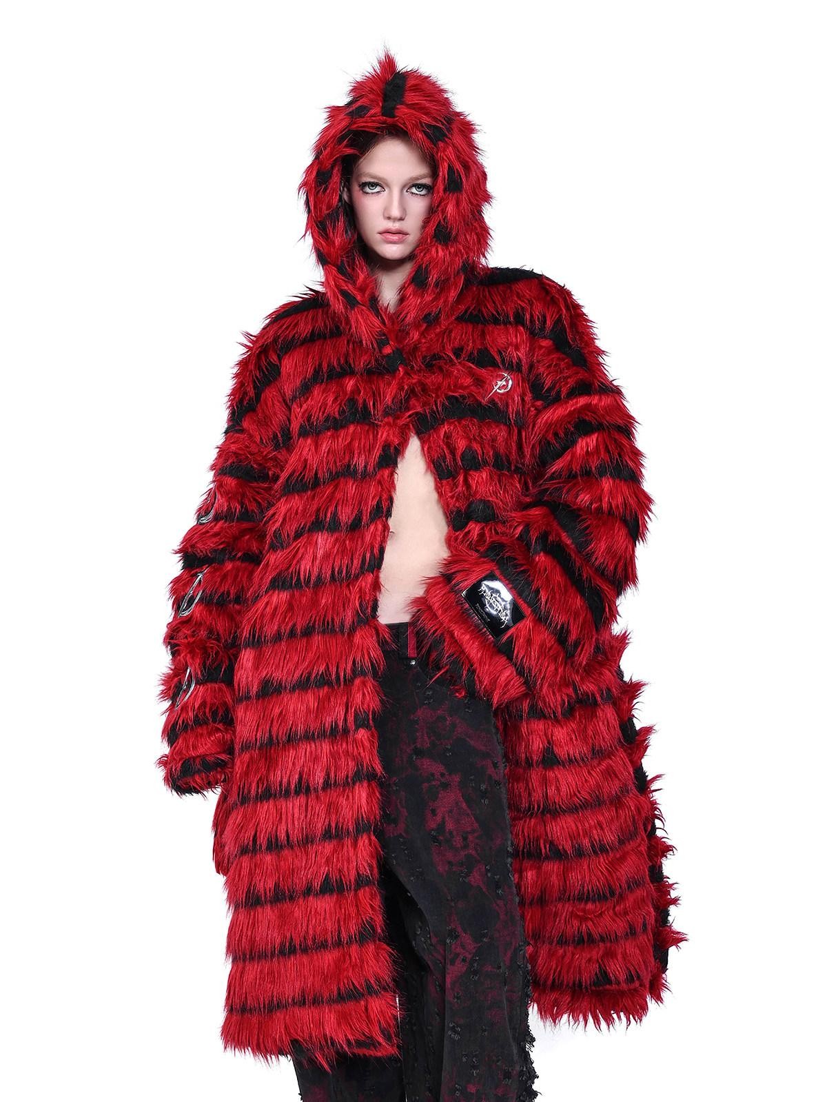 PINKSPINK Red Black Two Tone Oversized Fringe Hooded Women's Faux Fur Long Coats