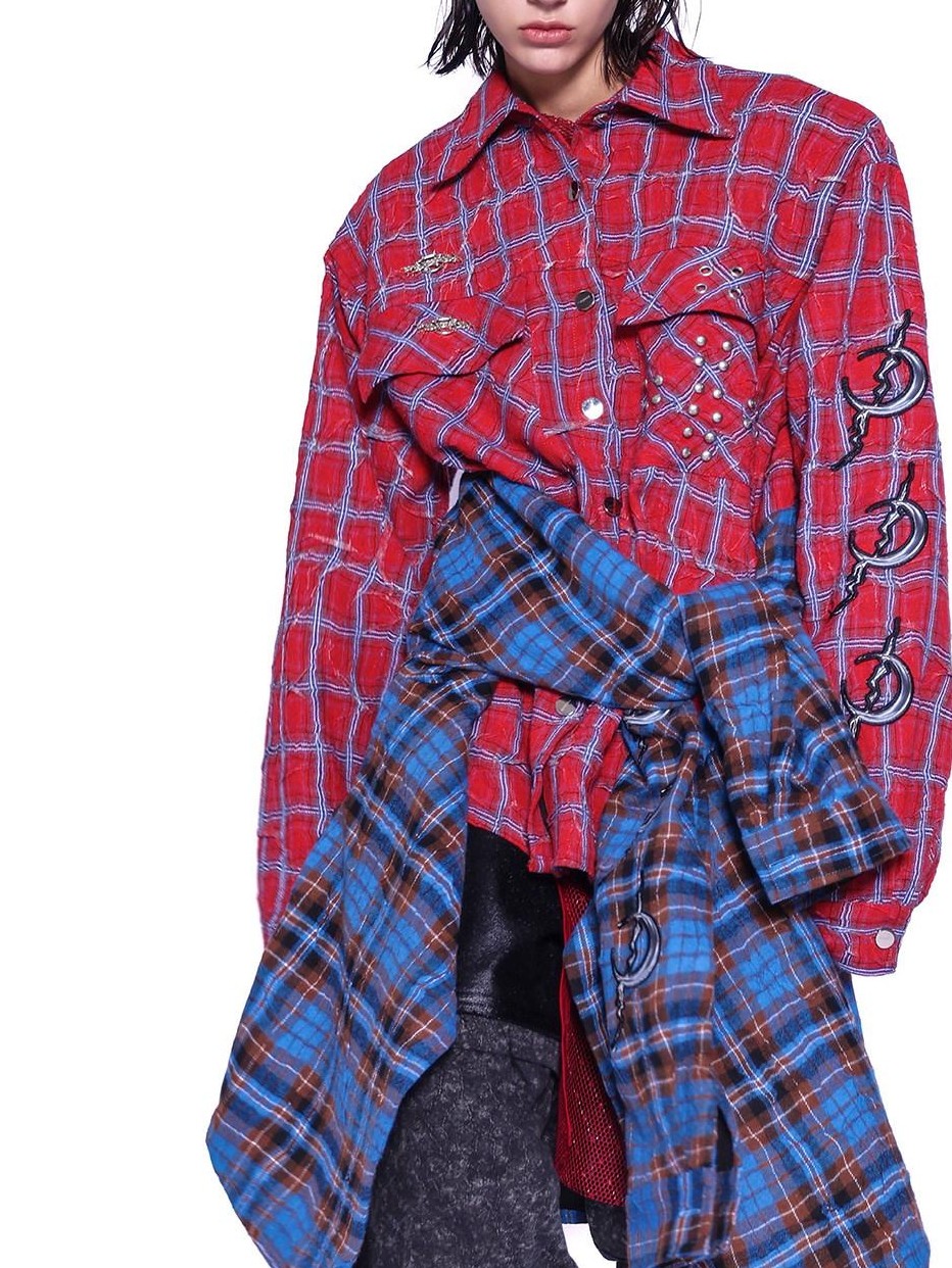 PINKSPINK Red Blue Patchwork Embroidered Studded Asymmetrical Y2k Check Women's Overshirts