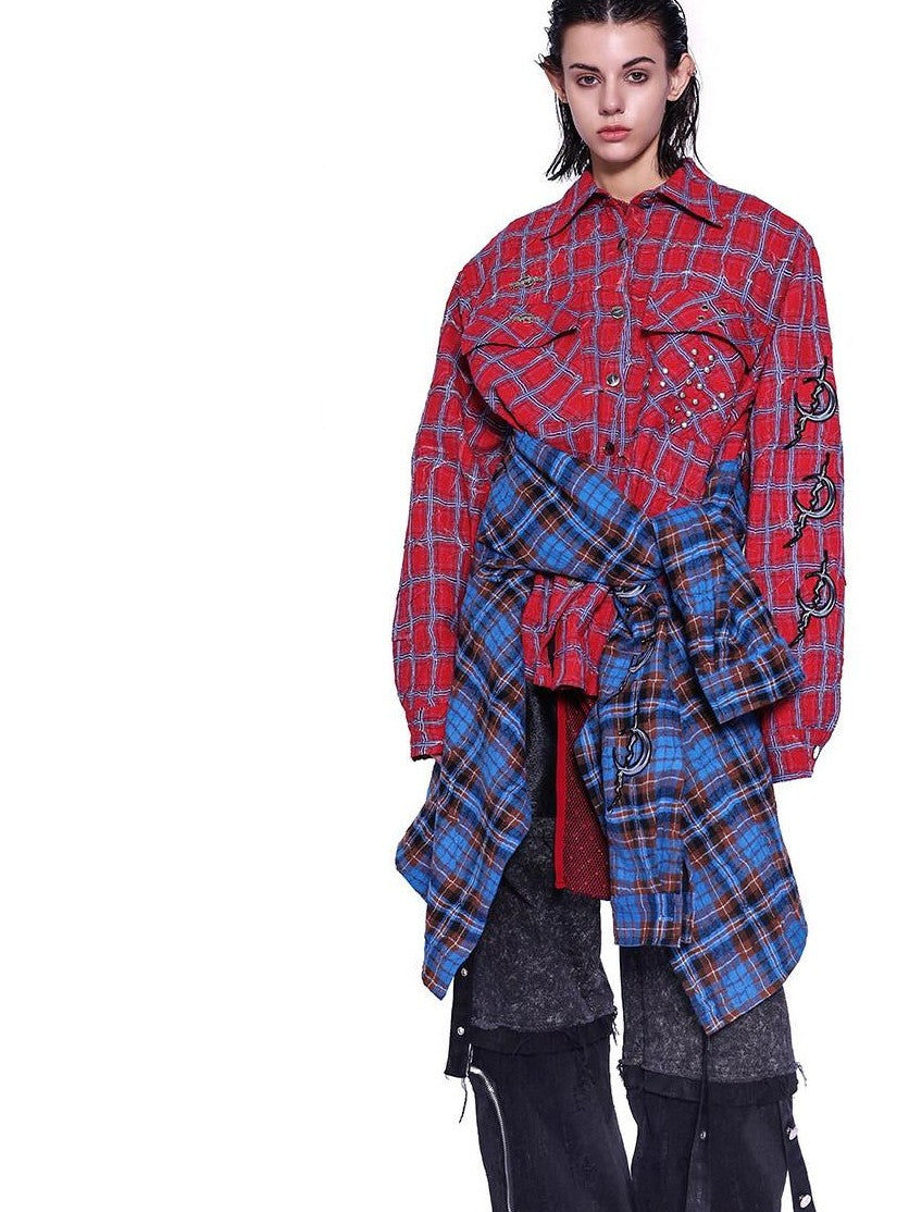 PINKSPINK Red Blue Patchwork Embroidered Studded Asymmetrical Y2k Check Women's Overshirts