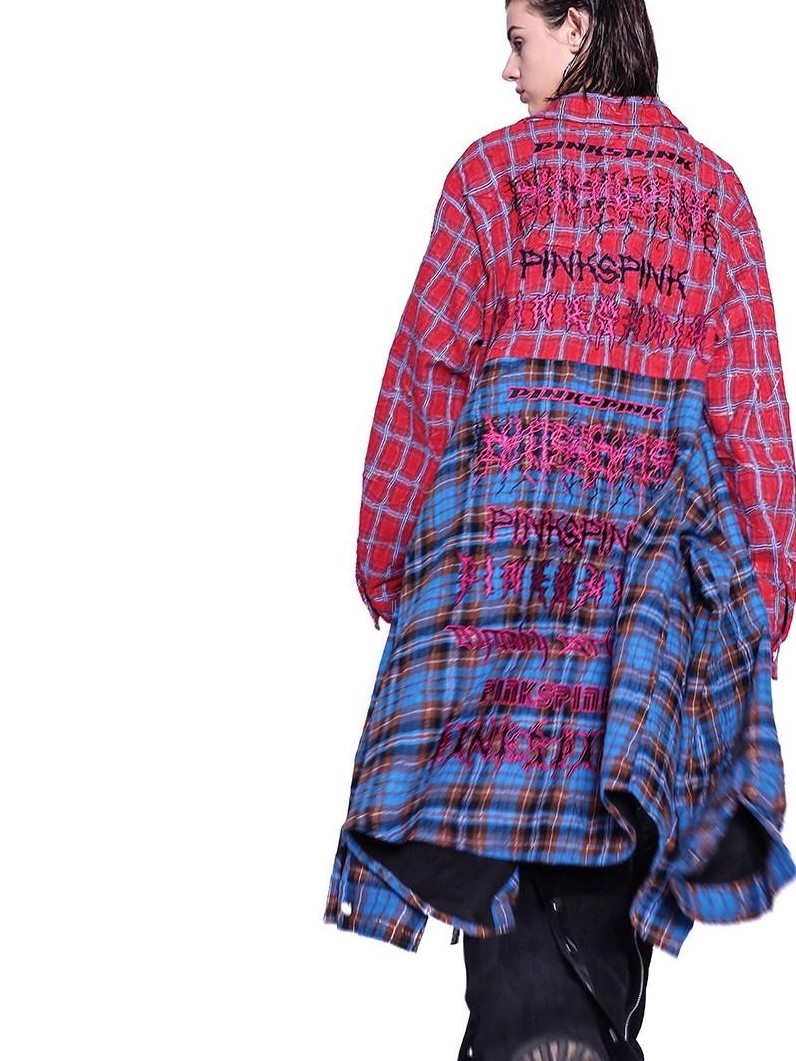 PINKSPINK Red Blue Patchwork Embroidered Studded Asymmetrical Y2k Check Women's Overshirts