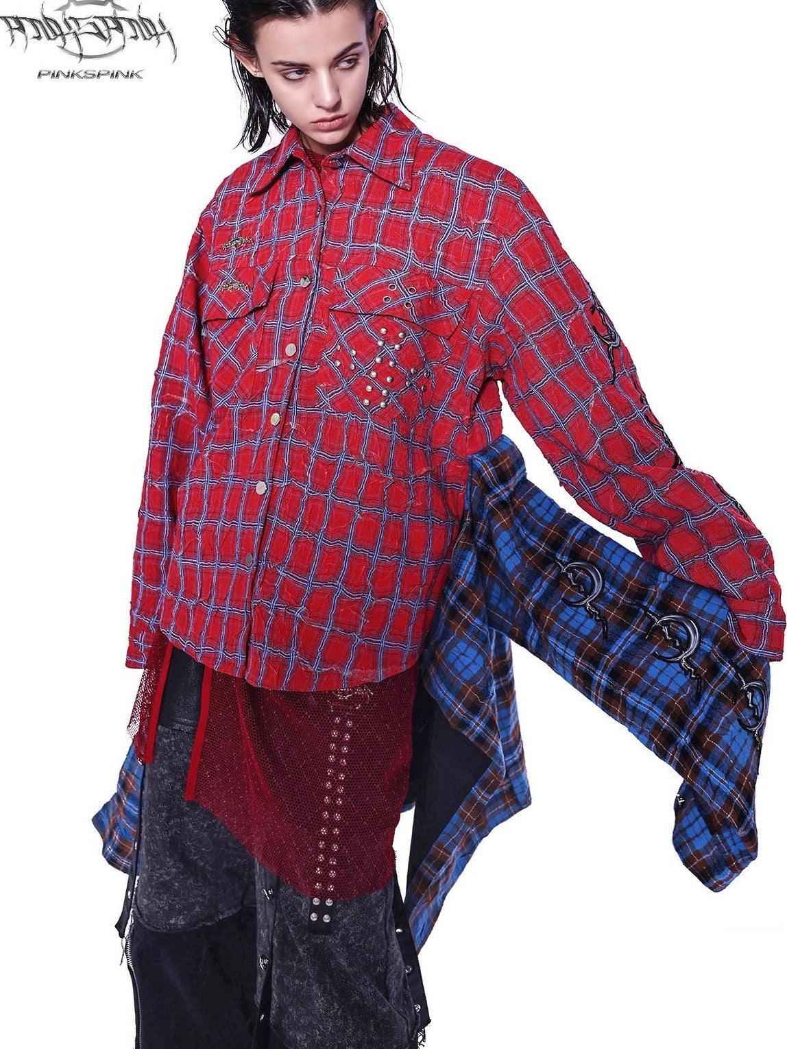 PINKSPINK Red Blue Patchwork Embroidered Studded Asymmetrical Y2k Check Women's Overshirts