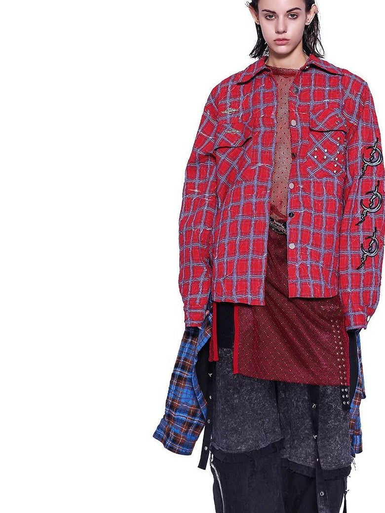 PINKSPINK Red Blue Patchwork Embroidered Studded Asymmetrical Y2k Check Women's Overshirts