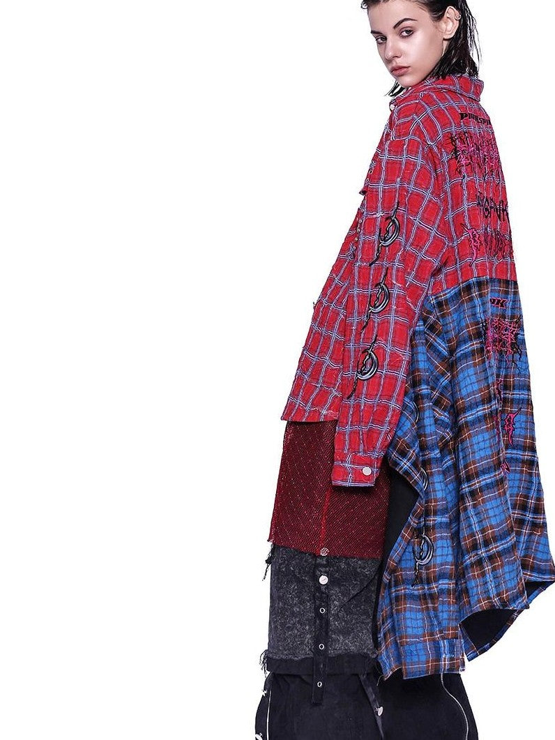 PINKSPINK Red Blue Patchwork Embroidered Studded Asymmetrical Y2k Check Women's Overshirts