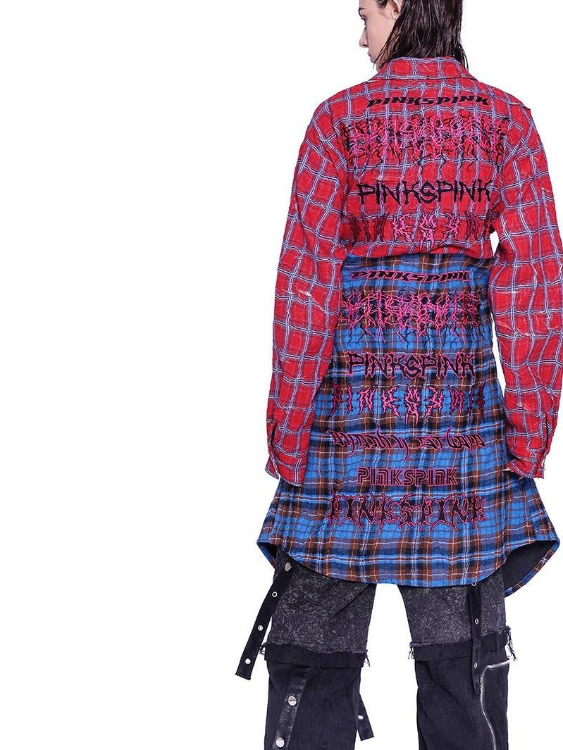 PINKSPINK Red Blue Patchwork Embroidered Studded Asymmetrical Y2k Check Women's Overshirts