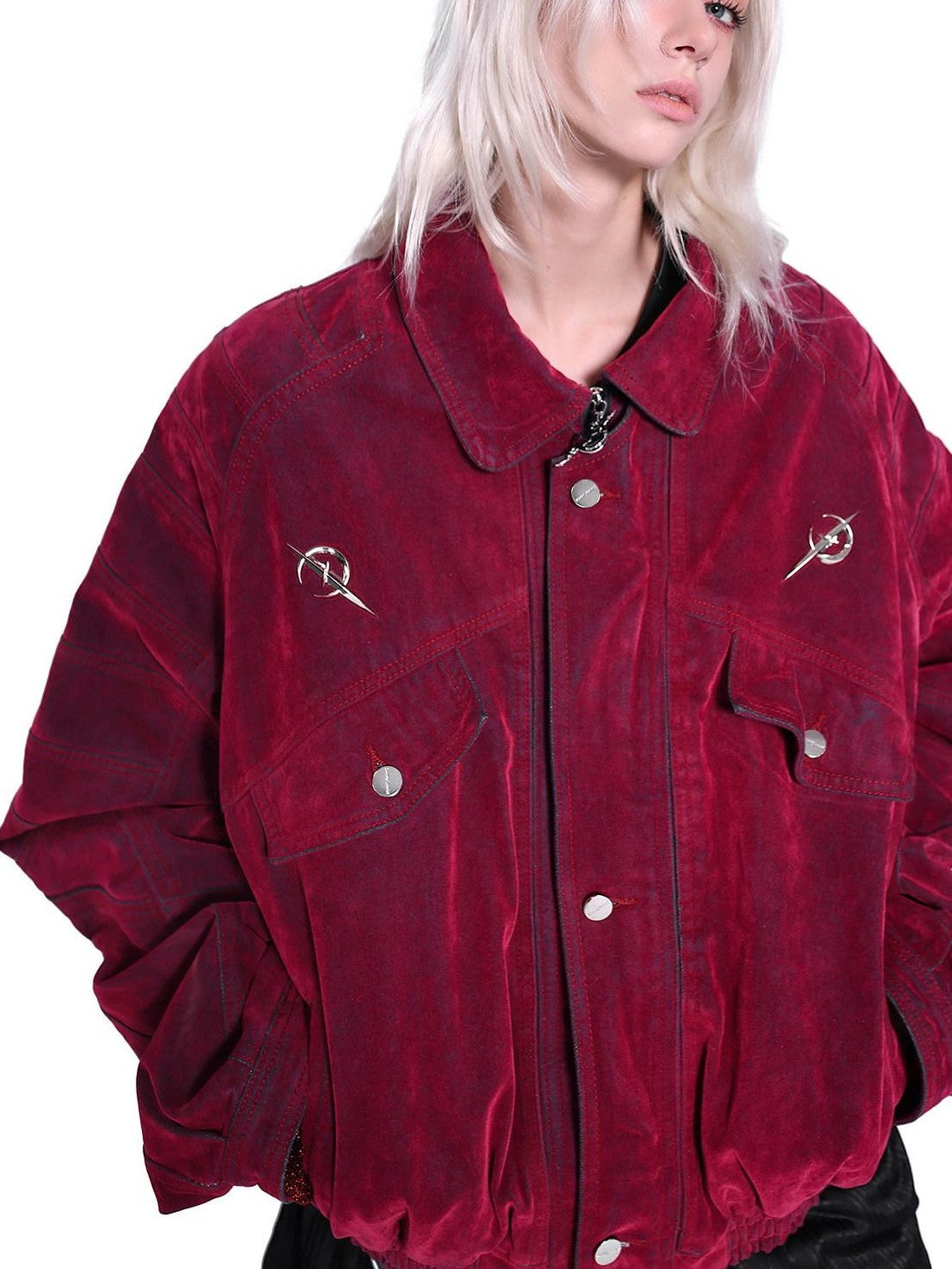 PINKSPINK Red Distressed Radial Shoulderpads 3d Embellished Women's Velvet Denim Jackets