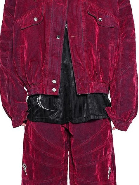 PINKSPINK Red Distressed Radial Shoulderpads 3d Embellished Women's Velvet Denim Jackets