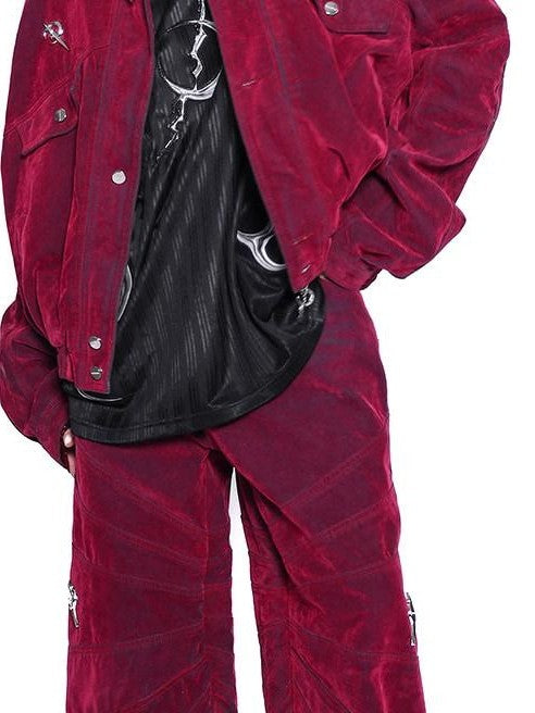 PINKSPINK Red Distressed Radial Shoulderpads 3d Embellished Women's Velvet Denim Jackets