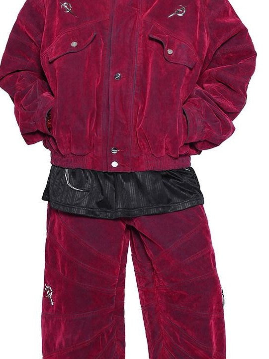 PINKSPINK Red Distressed Radial Shoulderpads 3d Embellished Women's Velvet Denim Jackets