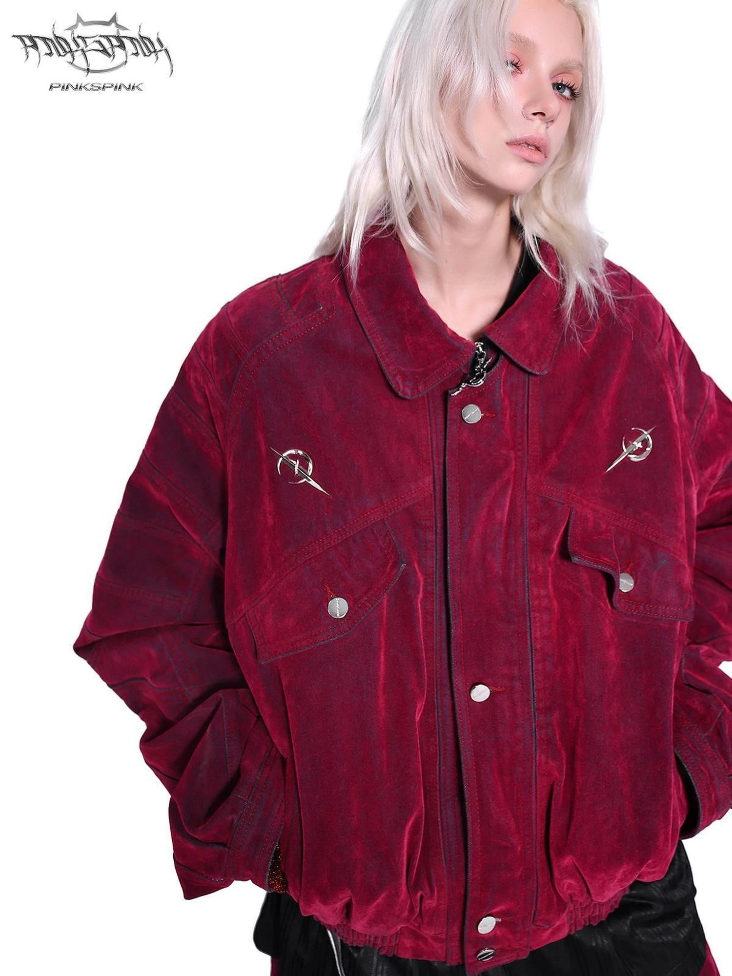 PINKSPINK Red Distressed Radial Shoulderpads 3d Embellished Women's Velvet Denim Jackets
