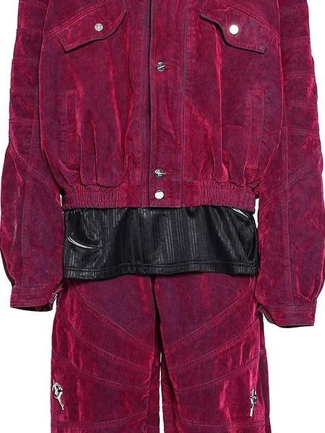 PINKSPINK Red Distressed Radial Shoulderpads 3d Embellished Women's Velvet Denim Jackets