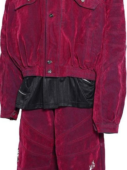 PINKSPINK Red Distressed Radial Shoulderpads 3d Embellished Women's Velvet Denim Jackets
