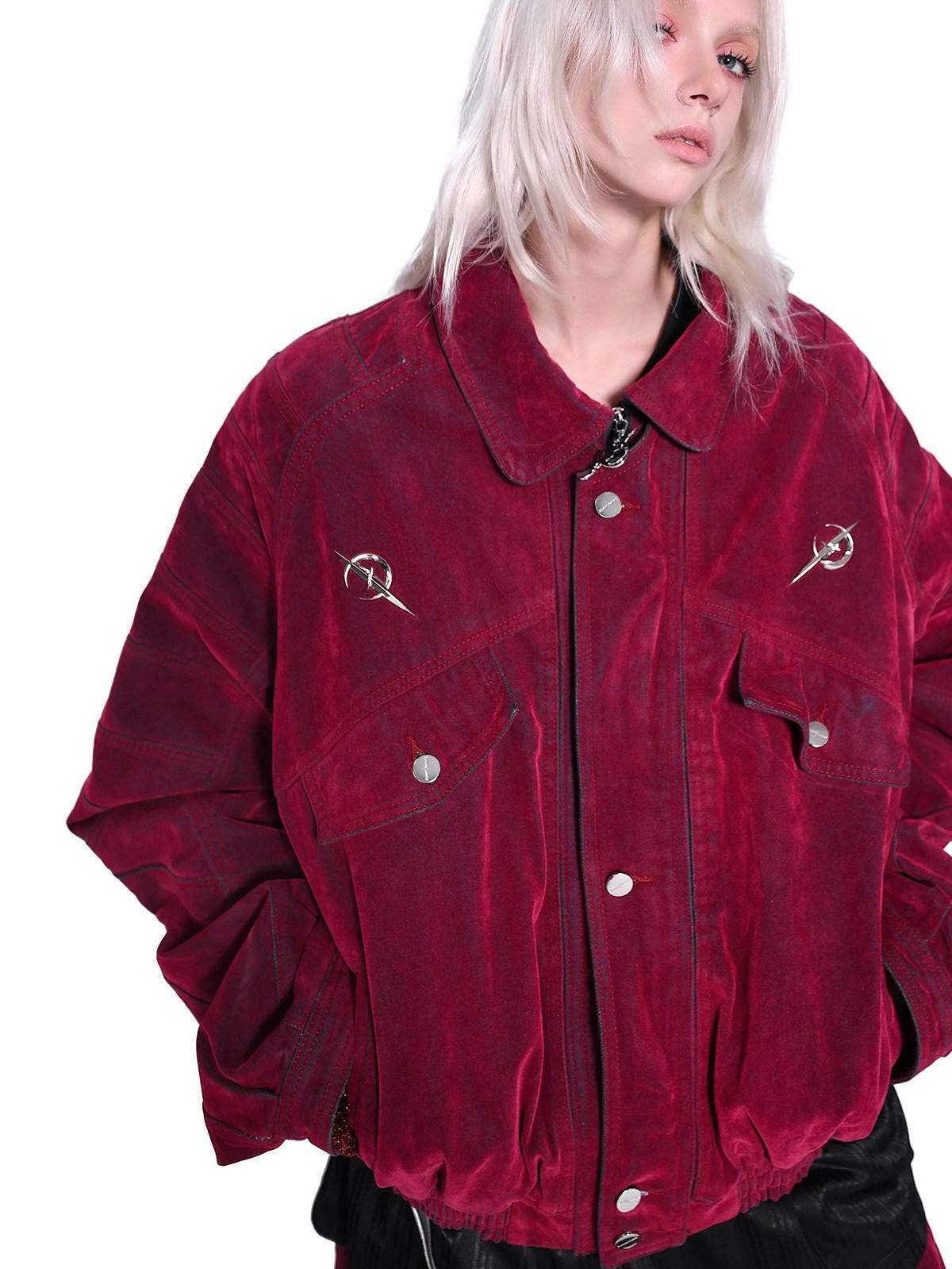 PINKSPINK Red Distressed Radiant Shoulderpad Polo Women's Velvet Denim Jackets