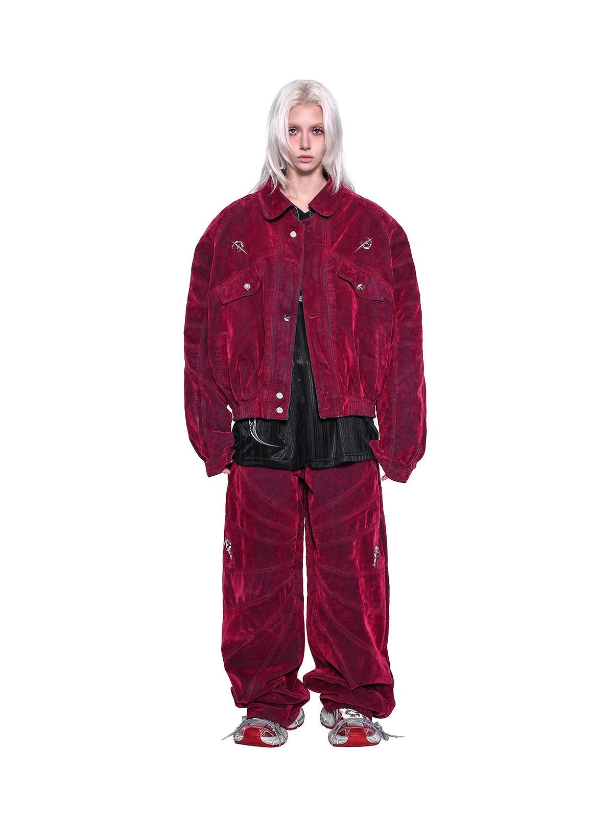 PINKSPINK Red Distressed Radiant Shoulderpad Polo Women's Velvet Denim Jackets