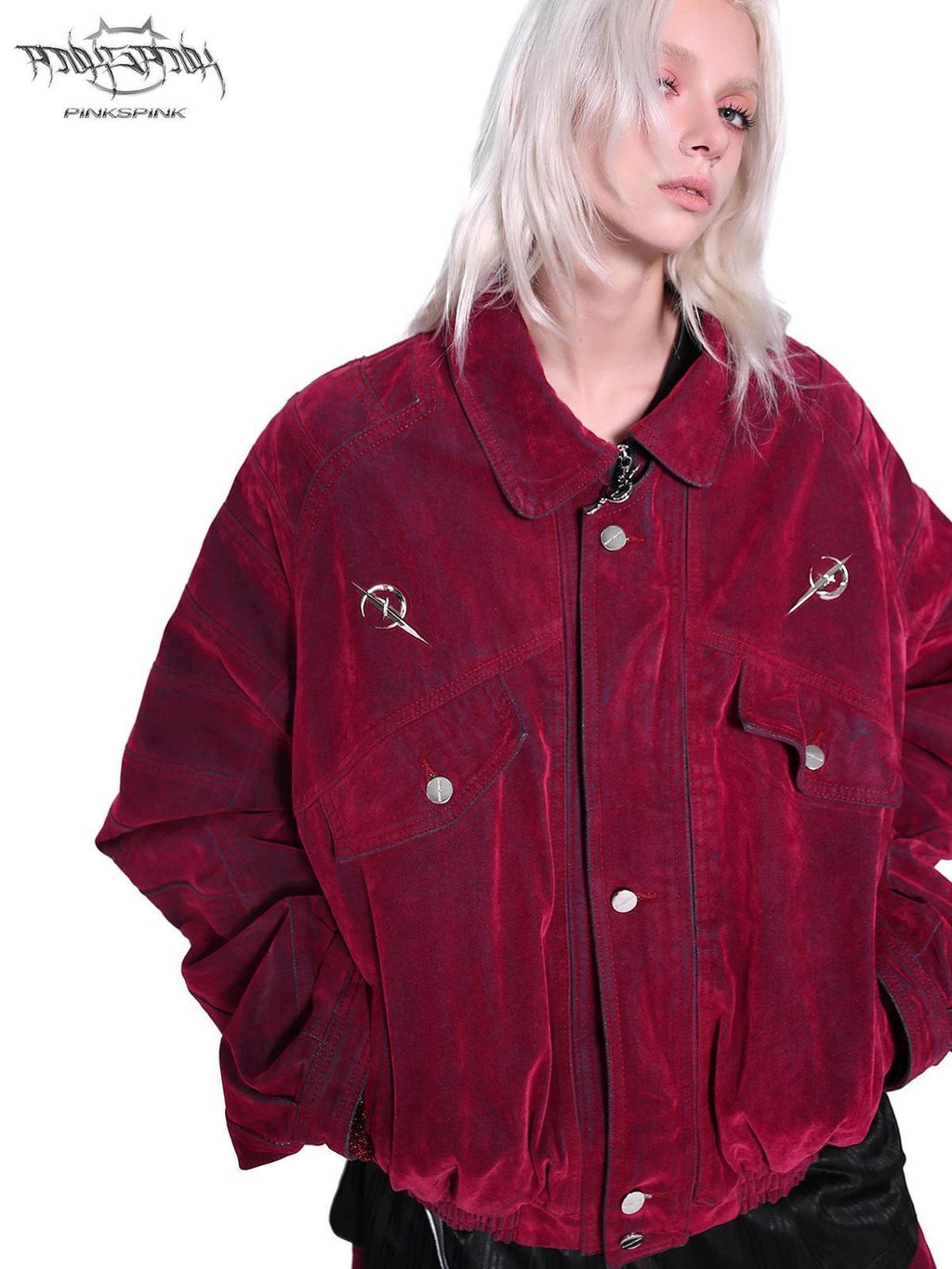PINKSPINK Red Distressed Radiant Shoulderpad Polo Women's Velvet Denim Jackets