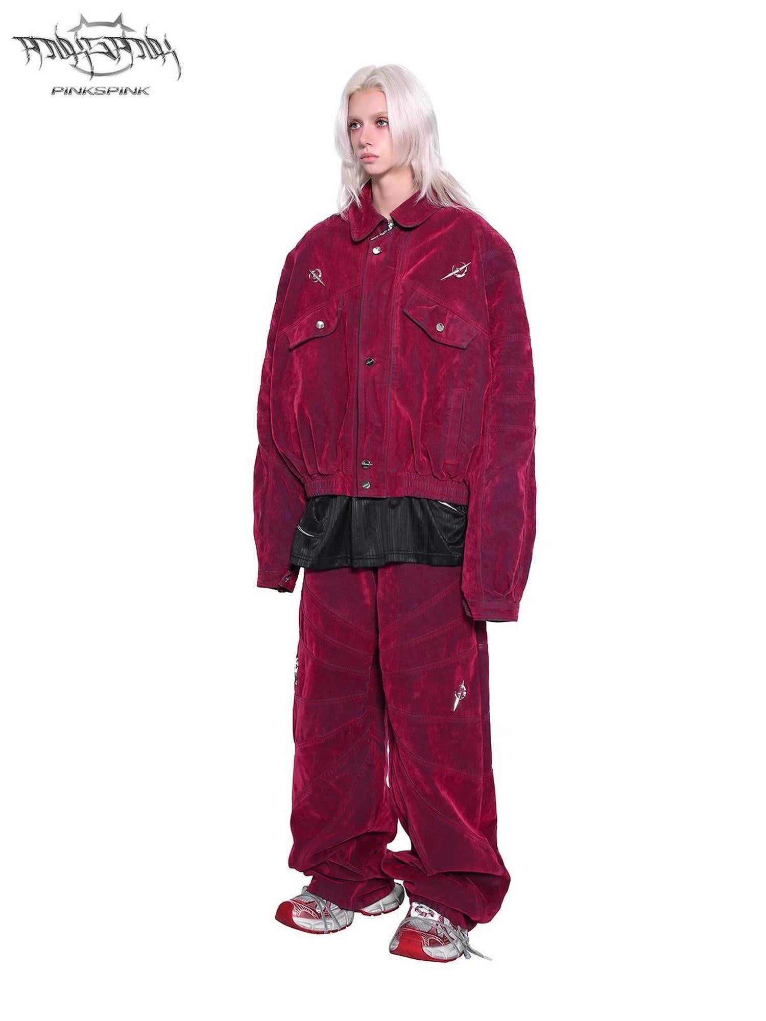 PINKSPINK Red Distressed Radiant Shoulderpad Polo Women's Velvet Denim Jackets