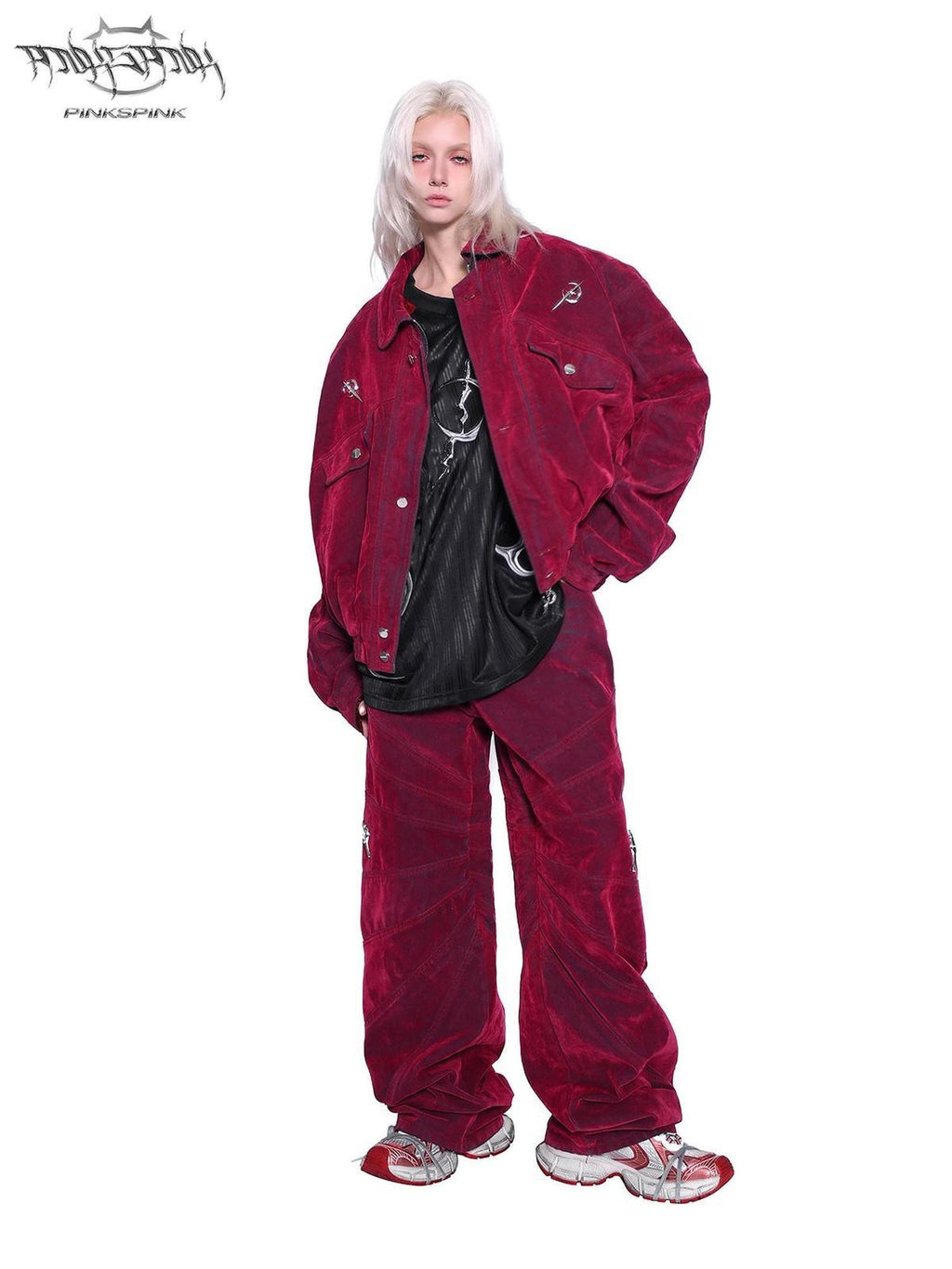 PINKSPINK Red Distressed Radiant Shoulderpad Polo Women's Velvet Denim Jackets