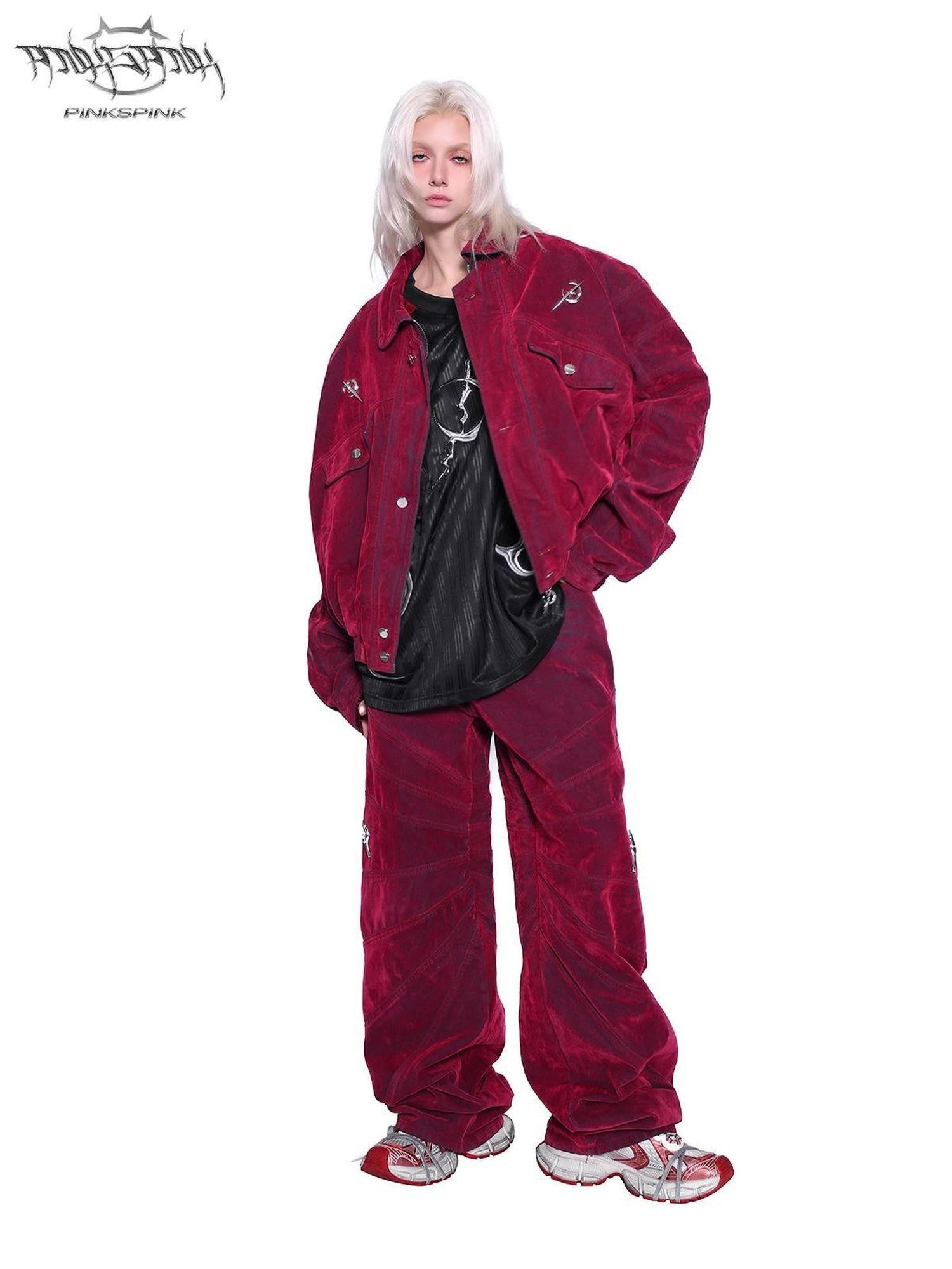 PINKSPINK Red Distressed Radiant Shoulderpad Polo Women's Velvet Denim Jackets