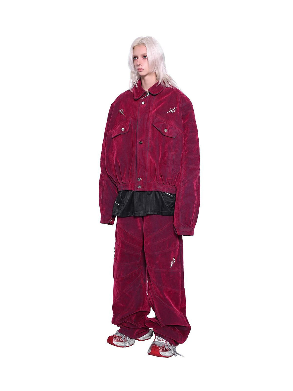 PINKSPINK Red Distressed Radiant Shoulderpad Polo Women's Velvet Denim Jackets
