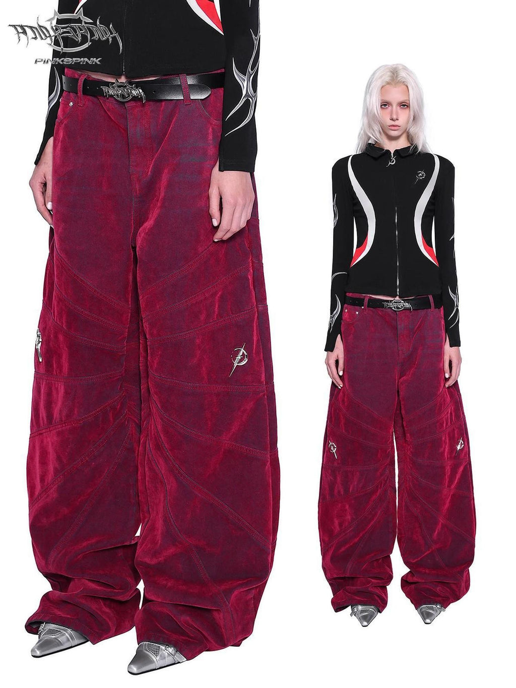 PINKSPINK Red Radiant Structure Washed Velvet Women's Denim Baggy Jeans