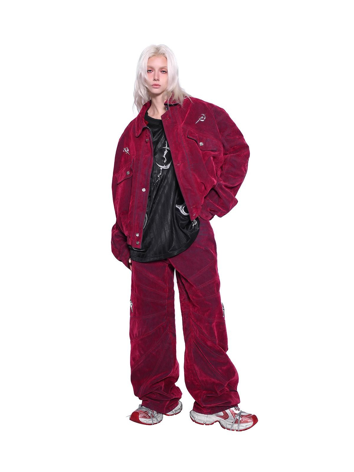 PINKSPINK Red Radiant Structure Washed Velvet Women's Denim Baggy Jeans
