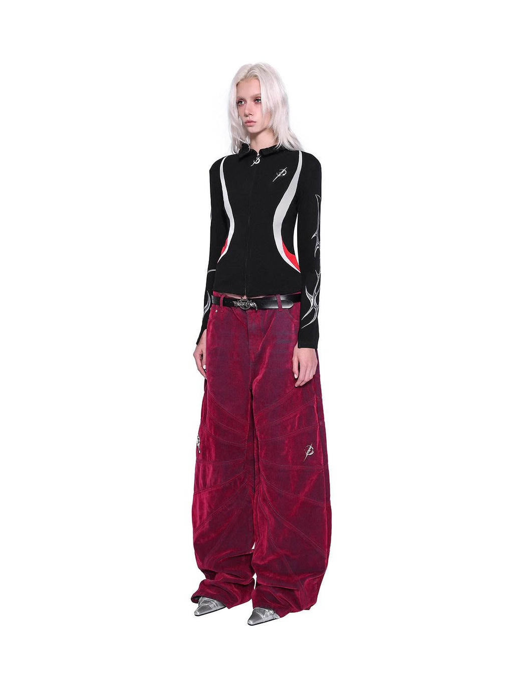 PINKSPINK Red Radiant Structure Washed Velvet Women's Denim Baggy Jeans