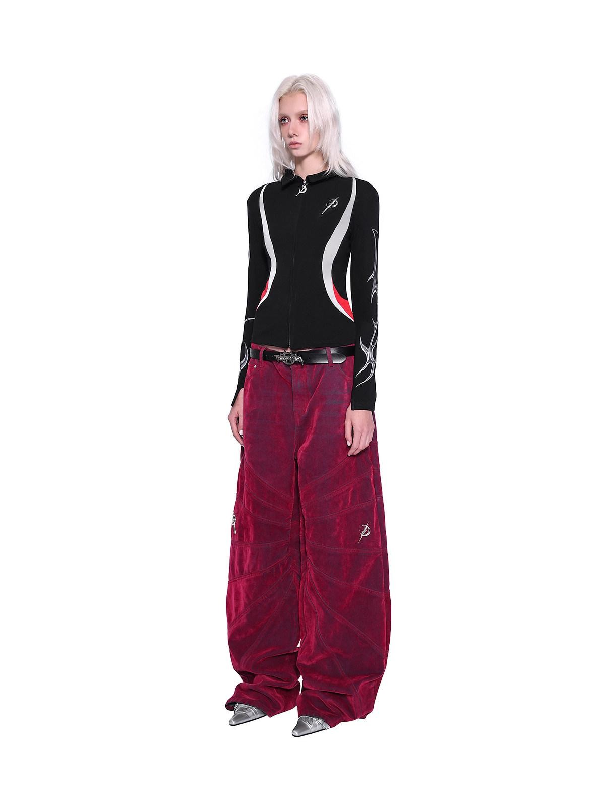 PINKSPINK Red Radiant Structure Washed Velvet Women's Denim Baggy Jeans