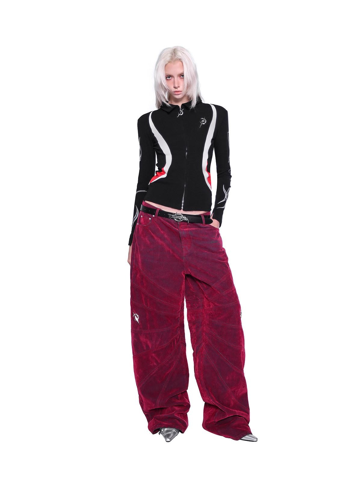 PINKSPINK Red Radiant Structure Washed Velvet Women's Denim Baggy Jeans