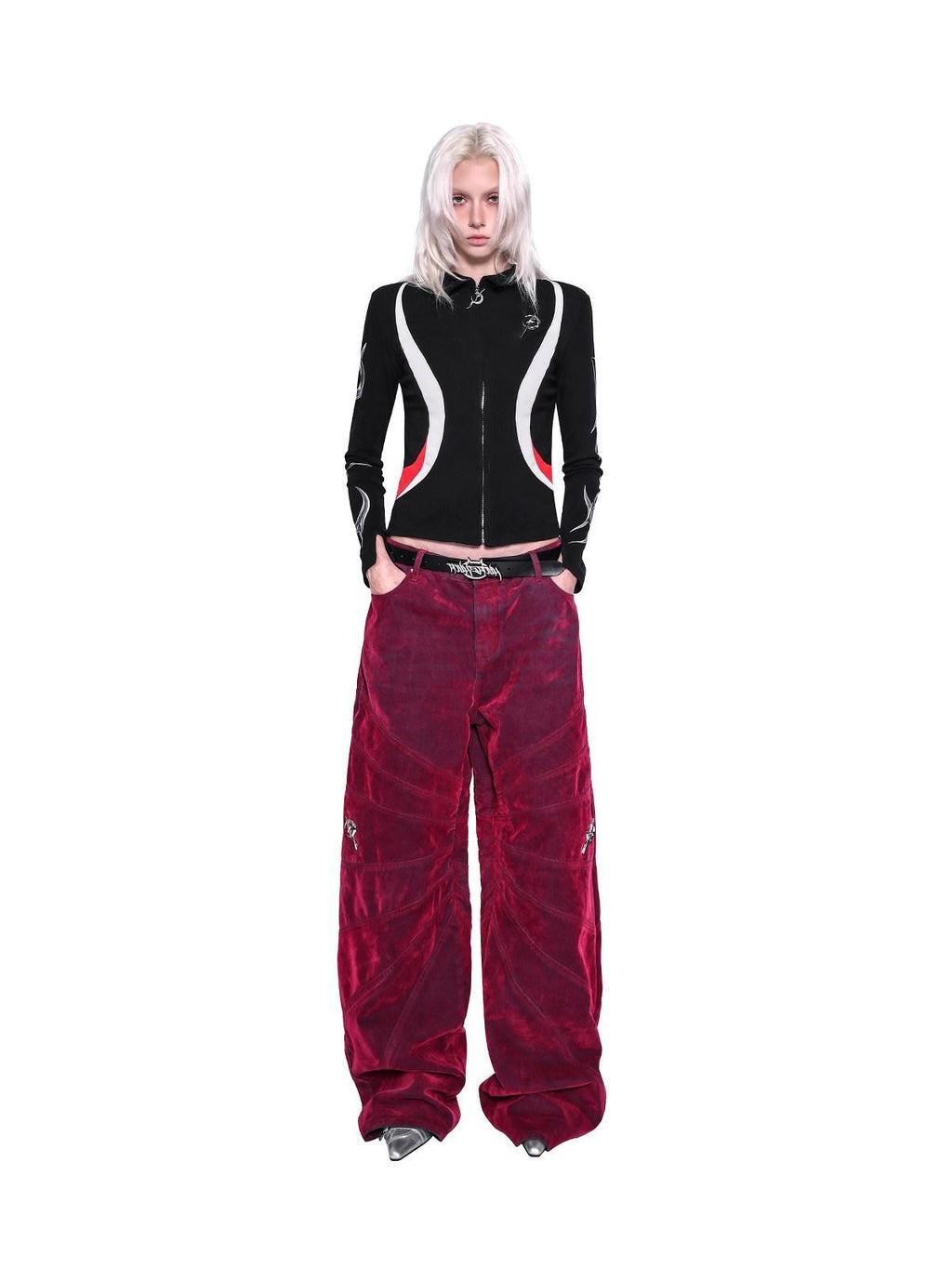 PINKSPINK Red Radiant Structure Washed Velvet Women's Denim Baggy Jeans