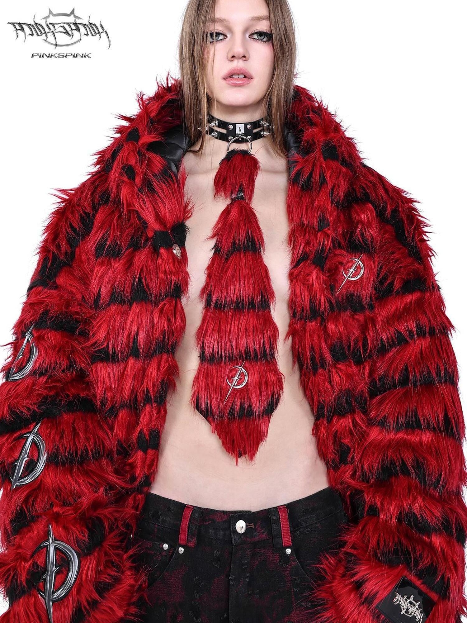 PINKSPINK Red Studded Fur Punk Multilayer Star Moon Women's Leather Neckties