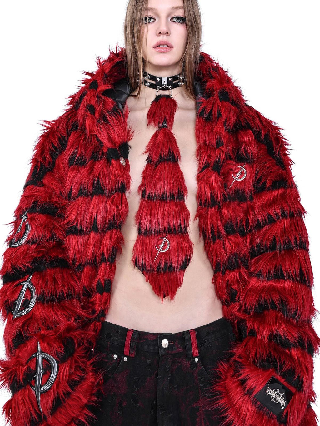 PINKSPINK Red Studded Fur Punk Multilayer Star Moon Women's Leather Neckties